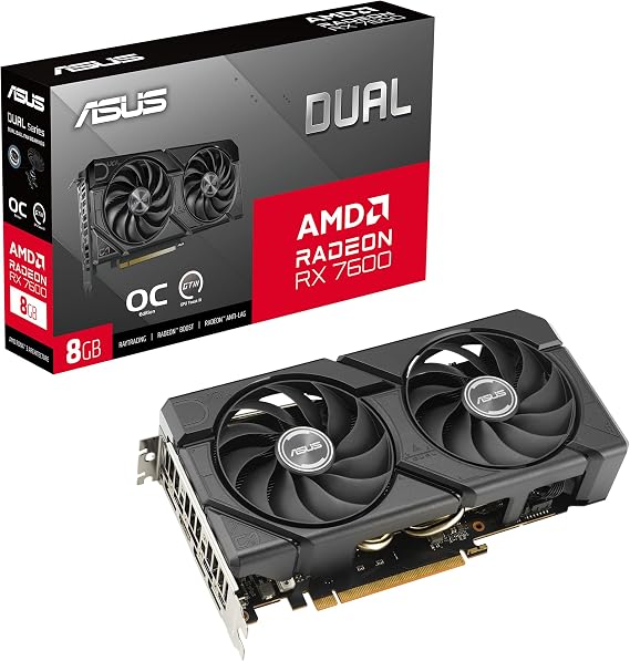 ASUS Dual Radeon RX 7600 EVO OC Edition - Tarjeta gráfica (PCIe 4.0, 8 GB GDDR6, HDMI 2.1, DisplayPort 1.4a, diseño de 2,5 Ranuras, Ventiladores Axial-Tech, GPU Tweak III)