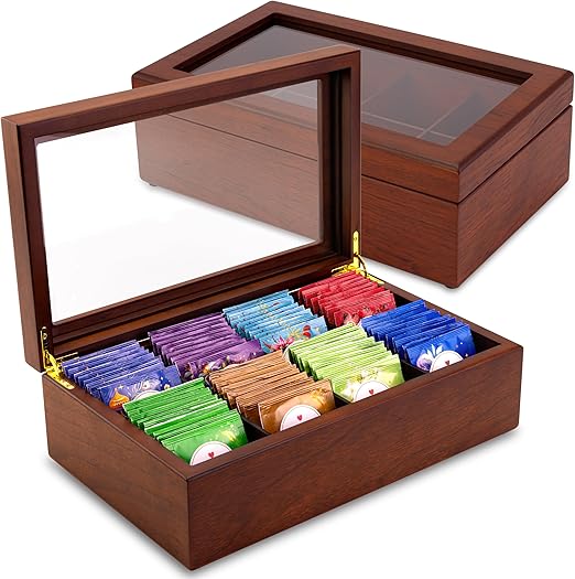 Apace Living Caja de té de madera de lujo – 8 compartimentos para guardar bolsas de té – Caja de té hecha a mano con ventana resistente a los arañazos – Elegante caja de almacenamiento para bolsas de