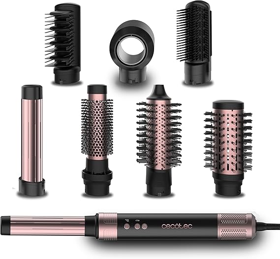 Cecotec Cepillo de Aire Voluminizador 8 Cabezales CeramicCare AirGlam Black Essential 1400W, Digital Brushless 110000rpm, Placas Ceramica, Tecnología Coanda, Iones Negativos, 3 Temperaturas