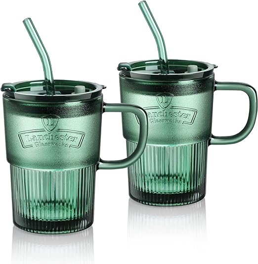 Joeyan 450ml Vaso de Vidrio con Tapa y Pajitas, Juego de 2 Taza de Agua Verde con Mango,Helada Sellado a Prueba de Fugas para Café Caliente o Helado Bebidas Mixtas,Hogar Oficina al Aire Viaje Libre