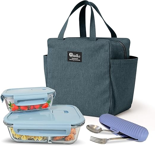 2 tapers de cristal herméticos de 1040ml y de 370ml con bolsa termica porta alimentos y un portacubiertos de silicona. Ideal como loncheras de trabajo - tupper cristal hermetico