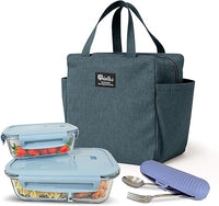 2 tapers de cristal herméticos de 1040ml y de 370ml con bolsa termica porta alimentos y un portacubiertos de silicona. Ideal como loncheras de trabajo - tupper cristal hermetico