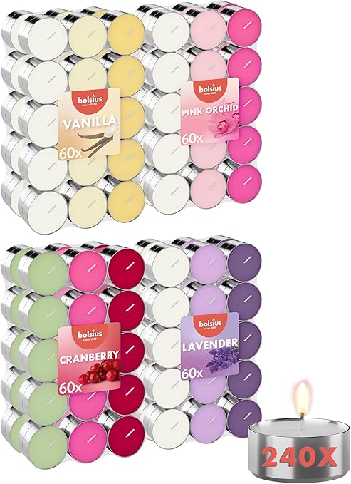 Bolsius - Velas de té perfumadas multicolor – 30 unidades – Varias fragancias – 12 colores – Larga duración 6 horas – Velas decorativas - sin aceite de palme – 1 paquetes de 30 velas