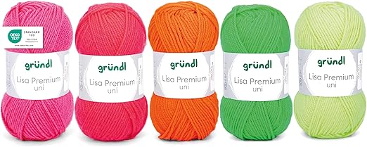 Gründl Lana Lisa Premium Uni – Hilo para tejer – Hilo de ganchillo – Suave y delicado con la piel – 100% poliacrílico 5 ovillos 50 g/133 m – Grosor de aguja 3,5 – 4,5 – rosa neón, naranja, amarillo
