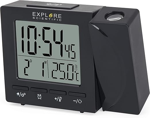 EXPLORE SCIENTIFIC RDP-1001 - Reloj despertador proyector, temperatura interior, radio controlado, cabezal giratorio, pantalla retroiluminada, alarma, color negro