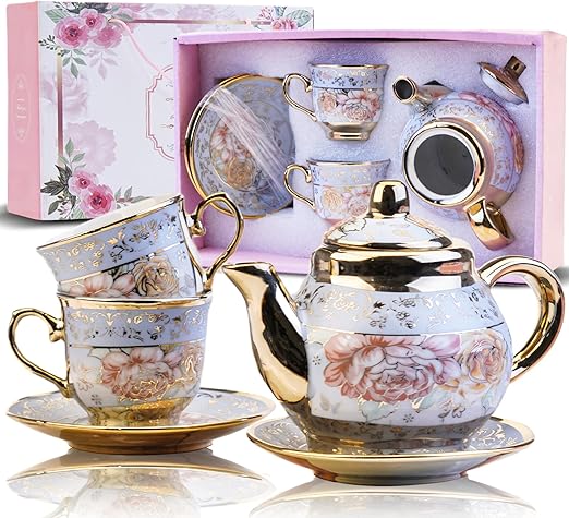 Juego de Té de Cerámica de Estilo Europeo, Incluye 1 Tetera, 2 Tazas de Té, 2 Bandejas de Té, Juego de Té de Estilo Europeo Único, Adecuado Para Amantes del Té Y Familias (Estilo 1)
