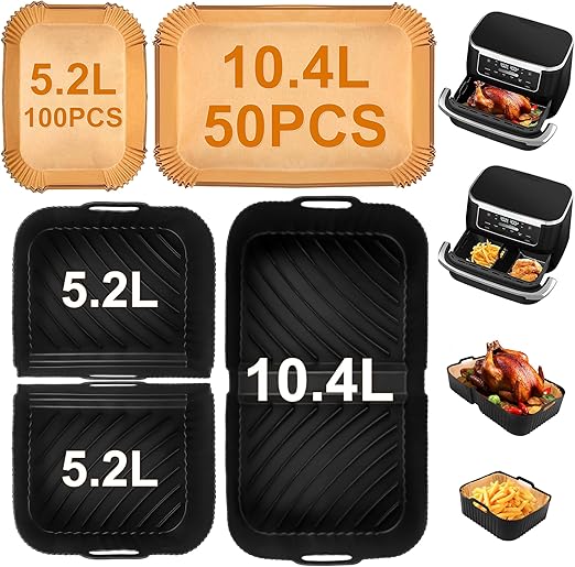 Accesorio para freidora de aire caliente para Ninja AF500EU 10,4 L y 5,2 L, 3 piezas reutilizable Airfryer molde de silicona y 150 piezas de papel de horneado Airfryer Accesorios para freidora