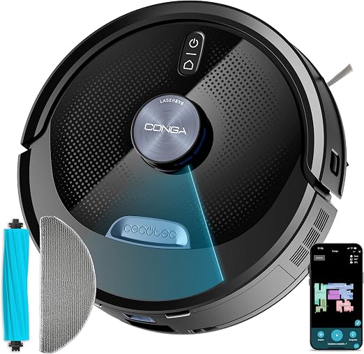 Cecotec Robot Aspirador y Friegasuelos con IA Conga M90 Dark. Navegación Láser, Succión del Motor 25000Pa, Autonomía 240mins, Cepillo Silicona, para Mascotas, Bluetooth y WiFi, Control App
