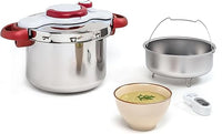 Tefal Olla a Presión Clipso Minut Perfect 6 L - Acero Inoxidable con Cinco Sistemas de Seguridad y Cierre Fácil Con Una Sola Mano con Cestillo Vapor Integrado, Multicolor, 22 cm