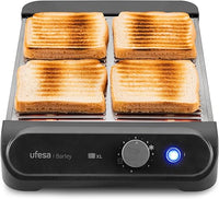 Ufesa Tostador Plano Barley, 900W con 3 Resistencias de Cuarzo, Tostador Horizontal de Acero Inoxidable, Tamaño XL para 4 Rebanadas, 7 Niveles, Recalentar y Descongelar, Bandeja Recogemigas, Bollería