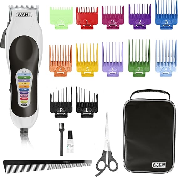 WAHL Color Pro cortadora de pelo eléctrica de precisión, con cable y palanca de ajuste, 10 peines guía de colores y fáciles de usar, óptima para toda la familia, kit con tijeras y peine