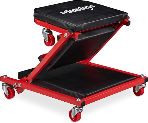 Relaxdays Camilla Mecánico, Taburete Taller, hasta 150 kg, Camilla Convertible en Asiento Plegable, 360°, Acero, Negro