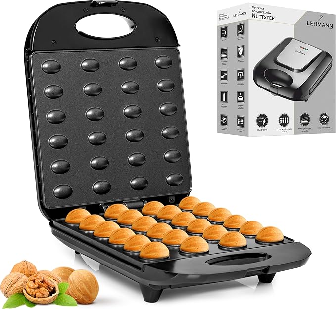 Lehmann Horno de nueces eléctrico con revestimiento antiadherente, 1700 W, para 24 mitades de nueces, máquina para hornear frutos secos, gofrera para gofres de nueces