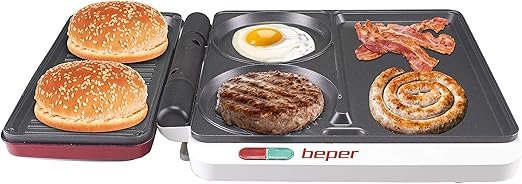 BEPER P101CUD500 Plancha Cocina Electrica Multifuncional 4 en 1 - Sandwichera para Hamburguesas, Verduras, Huevos, Pescado