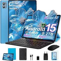 SUAAT Android 15 Tablet 10 Pulgadas, 30GB RAM+2TB TF, Widevine L1,Gemini AI, 6000mAh Batería, Tablet WiFi 6/8MP+5MP/Octa Core/GMS Certified/BT5.0,Incluye ratón + Teclado + Funda Protectora-Azul