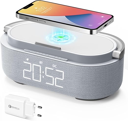 COLSUR Radio Despertador Digital con Carga Inalambrica, FM Radio con Puerto de carca USB, Pantalla LED Ajustable, Luz Nocturna, Bluetooth, Alarma de Temporizador de Apagado y Soporte para Teléfono