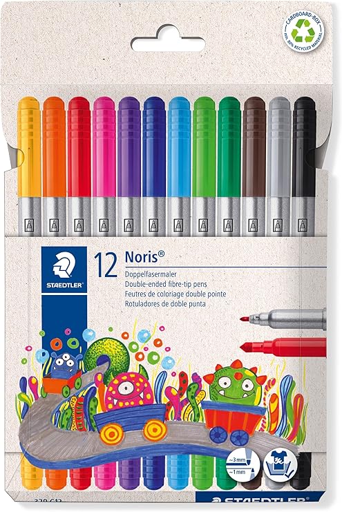 STAEDTLER Noris 320 Doppelfasermaler, eindrucksichere Spitze, auswaschbar, Strichbreite 1-3 mm, Kartonetui mit 12 Fasermalern in sortierten Farben, 320 C12
