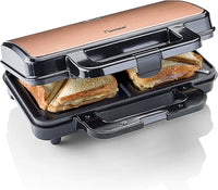 Bestron XL Sandwichera, Sandwichera tostadora con recubrimiento antiadherente para 2 sandwiches, incl. control automático de temperatura e indicador de listo, 900 vatios, color: negro/cobre