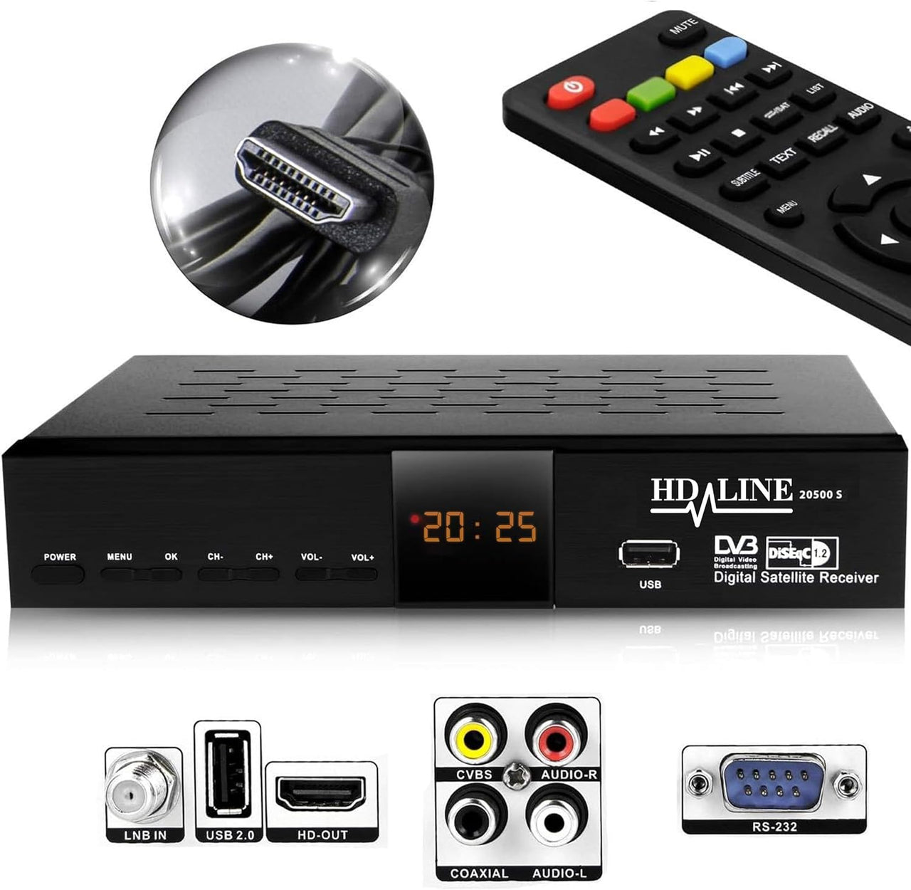 Hd-Line 20500 S Digitaler Satelliten HD Receiver (HDTV, DVB-S/DVB-S2, HDMI, AV, 2X USB 2.0, Full HD 1080p, Digital Audio Out) [Vorprogrammiert für Astra, Hotbird und Türksat]