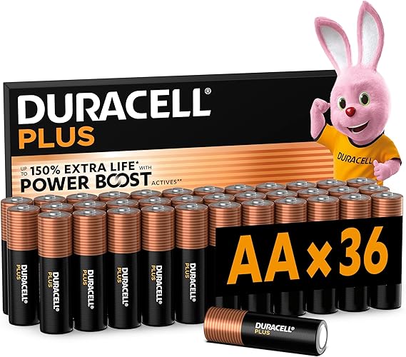 DURACELL Plus Pilas AA (Paquete de 36) – Pilas alcalinas 1,5 V – Hasta un 150 % de duración extra con activos POWER BOOST–Fiabilidad para dispositivos cotidianos–Envase con 0 % de plástico–MN1500