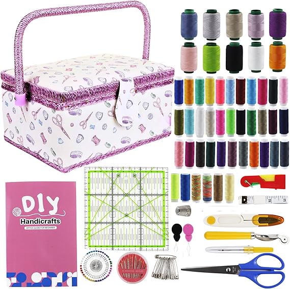 SusggO 140piezas Costurero grande con Accesorios Guia Basica Puntadas Costurero Madera Tela Costura Kit Costura para Adultos Caja Costura Reglas de Costura Patronaje Patchwork Costureros (Blanco)