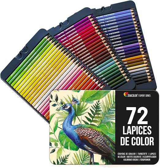 Zenacolor 72 Lápices de Colores (Numerado) con Caja de Metal 72 Colores Únicos para Libro de Colorear - Fácil Acceso con 3 Bandejas - Regalo Ideal para Artistas