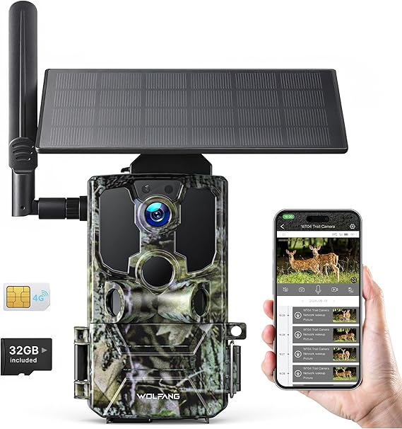 WOLFANG Cámara de Caza Solar, 4G LTE Camara Fototrampeo 2.5K con Detección PIR Nocturna por Infrarrojos Invisible, Alerta, Audio Bidireccional, IP66 para Vida Silvestre y Monitoreo de Seguridad