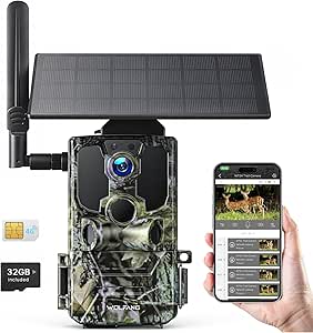 WOLFANG Cámara de Caza Solar, 4G LTE Camara Fototrampeo 2.5K con Detección PIR Nocturna por Infrarrojos Invisible, Alerta, Audio Bidireccional, IP66 para Vida Silvestre y Monitoreo de Seguridad
