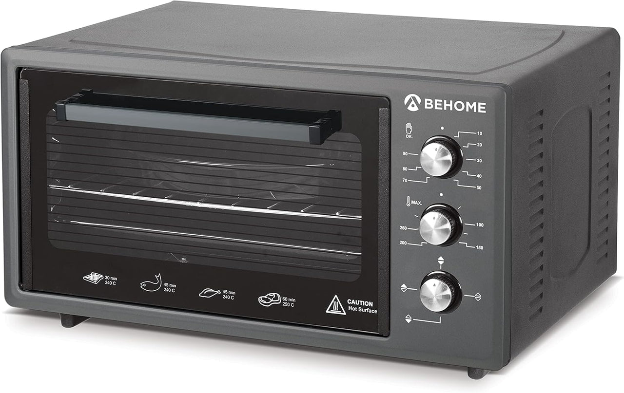 BEHOME Horno eléctrico ventilado de 48 litros con asador, autolimpieza y esmaltado, temperatura hasta 320°, doble cristal con luz interior y temporizador, 2 bandejas y 1 rejilla (gris)