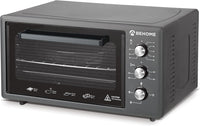 BEHOME Horno eléctrico ventilado de 48 litros con asador, autolimpieza y esmaltado, temperatura hasta 320°, doble cristal con luz interior y temporizador, 2 bandejas y 1 rejilla (gris)