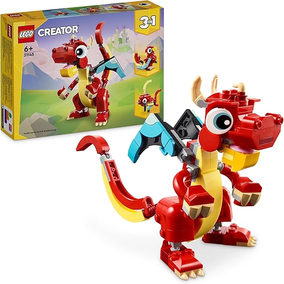 LEGO Creator 3 en 1 Dragón Rojo de Juguete Convertible en Figura de Pez o Ave Fénix, Juego Infantil de Animales como Regalo para Niños y Niñas de 6 Años o Más de Temática de Año Nuevo Chino 31145