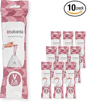 Brabantia Sacs Poubelle PerfectFit Multipack (Code V - 2L / 3L), Ultra Résistant, Poignées Coulissantes, 10 rouleaux (200 Sacs)