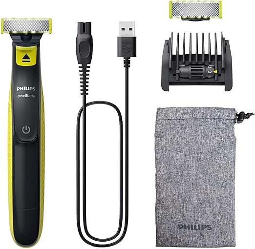 Philips OneBlade, Auténtica Recortadora de Barba, Afeitadora Eléctrica Hombre, Máquina de Afeitar, 2 Cuchillas, 5 Longitudes, 45min de uso, En Seco y Mojado, Recargable, Funda, QP2724/30, Negro