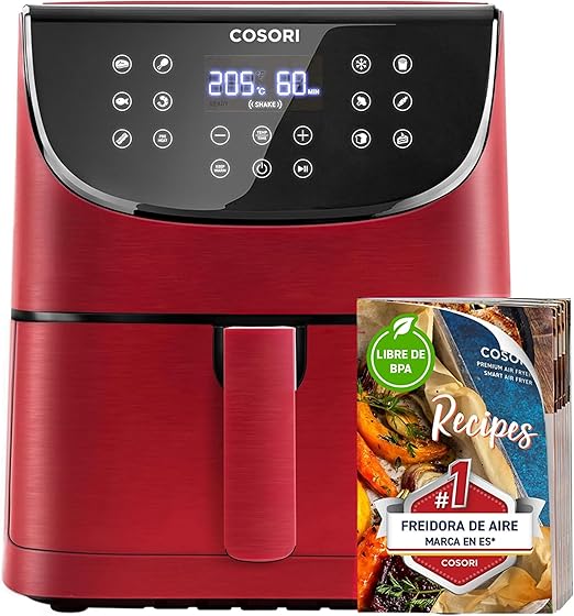 Cosori Freidora de Aire Duradera 5,5L Air Fryer 1700W, Tecnología Rapid Air, 55% Menos Energía, 13 Automáticos Modos,Uso Fácil, Panel Táctil, Acero Inox Interior, Hasta 205ºC y 60 Min, Roja-Granate