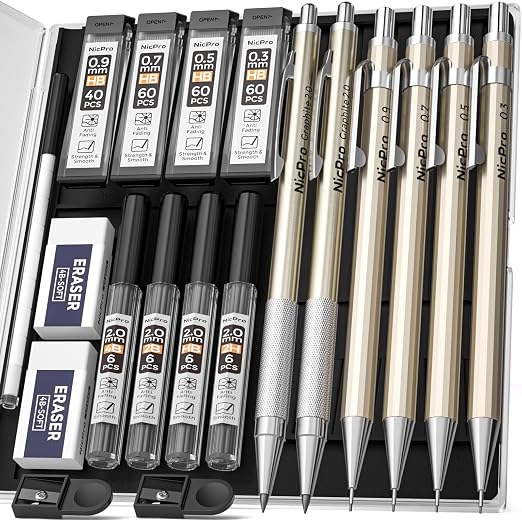 Nicpro 6 Portaminas de Metal, Lapicera de 0.3, 0.5, 0.7 y 0.9 mm y 2 Mechanical Pencil de Grafito de 2 mm (4B, 2B, HB, 2H) Para Bocetos Artísticos, Dibujos, con Recambios de Mina y Borrador