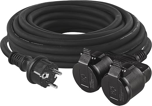 EMOS cable alargador IP44 10 m, 2 Schuko, resistente agua, calor, golpes, 230 V 16 A 3680 W, goma H05RR-F3G 1.5 mm², exteriores, negro