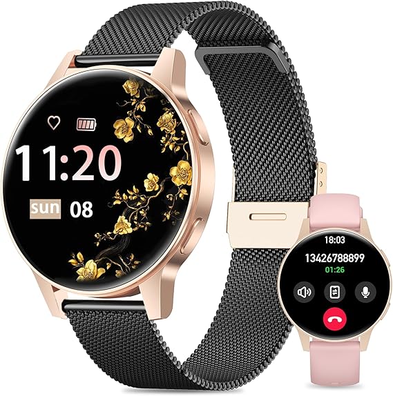 SLOKSFil Reloj Inteligente Mujer, 1.27" TFT con Llamadas Bluetooth Smartwatch Mujer, Ciclo Femenino, 24H Pulsometro, Monitor de sueño, 100+ Deportes, IP68 Waterproof, para Android/iOS (Negro Oro)