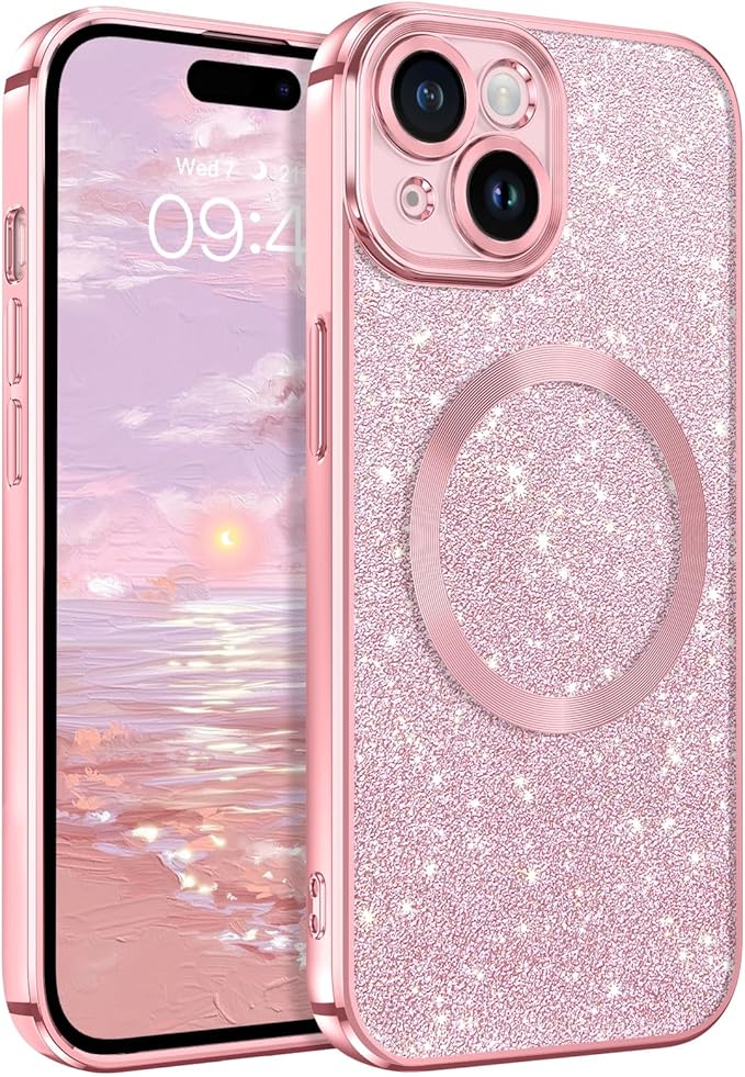 BENTOBEN Funda MagnÃ©tica para iPhone 15 6,1 Pulgados [Compatible con Magsafe] Carga InalÃ¡mbrica Carcasa iPhone 15 Funda Ultra Delgada Brillante Purpurina Silicona Resistente Anti-AraÃ±azos -Rosa