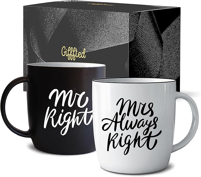 Triple Gifffted Tazas de café Mr Right Mrs Always Right, ideas de regalo para parejas, aniversario de boda, compromiso, Navidad, él y ella, novia y novio, padres, recién casados, despedida de soltera,