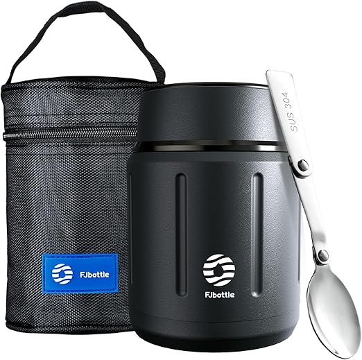 Healter 500ml Termo Comida Caliente Acero Inoxidable Fiambrera Termica Termo Sopa con Bolsa Aislada e Cuchara Plegable Mantener Caliente Durante 12 horas para adultos y niños(Negro)