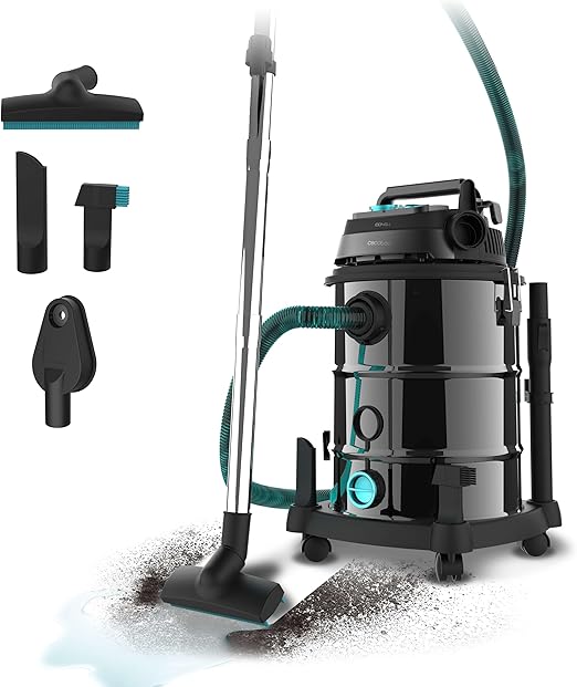 Cecotec Aspirador de Sólidos y Líquidos de Metal con Cable de 30L Conga Rockstar Wet & Dry Steel Pro Tool. 1600W, Mayor Durabilidad y Resistencia, Incluye Enchufe para Herramientas, Kit de Accesorios