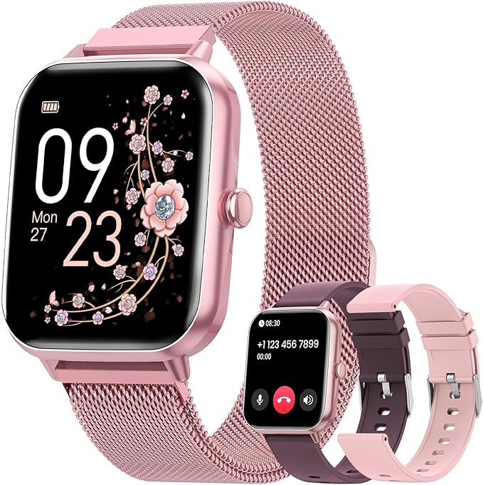 RUXINGX 2024 Smartwatch Damen, 1,83" Armbanduhr mit Telefonfunktion 3 Armband, Menstruationszyklus Herzfrequenz Schlafmonitor SpO2 IP68 Sportuhr Fitness Tracker Schrittzähler für iOS Android Rosarot