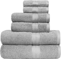 Amazon Basics Set de Bain 6 Pièces - 100% Coton Anti-décoloration - 2 Draps de Bain + 2 Serviettes de Toilette + 2 Gants de Toilette, Gris
