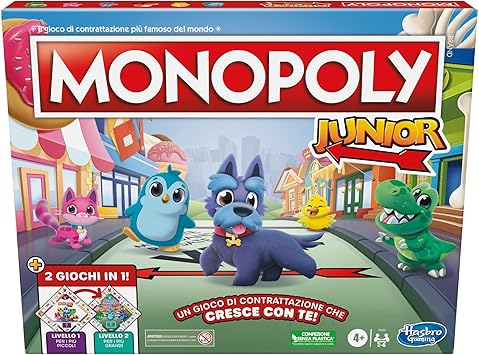 Hasbro Gaming Monopoly Junior - 2 juegos en 1 - Juego de mesa con panel frontal trasero para 2 a 6 jugadores, juego para niños y niñas a partir de 4 años en la parte superior, juguete festivo