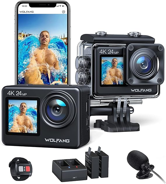 WOLFANG Cámara Deportiva GA200 4K 24MP Doble Pantalla WiFi Cámara de Video, Cámara Acuática Sumergible de 40M, 170° Gran Angular, Control Remoto EIS Mejorado, 2 Baterías, Cargador, Multi Accesorios