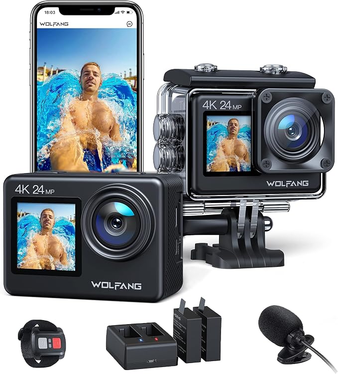 WOLFANG Cámara Deportiva GA200 4K 24MP Doble Pantalla WiFi Cámara de Video, Cámara Acuática Sumergible de 40M, 170° Gran Angular, Control Remoto EIS Mejorado, 2 Baterías, Multi Accesorios
