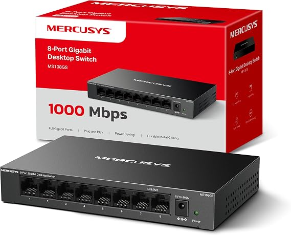 Mercusys MS108GS-Switch Gigabit, 8 Puertos, Plug and Play, Carcasa metálica