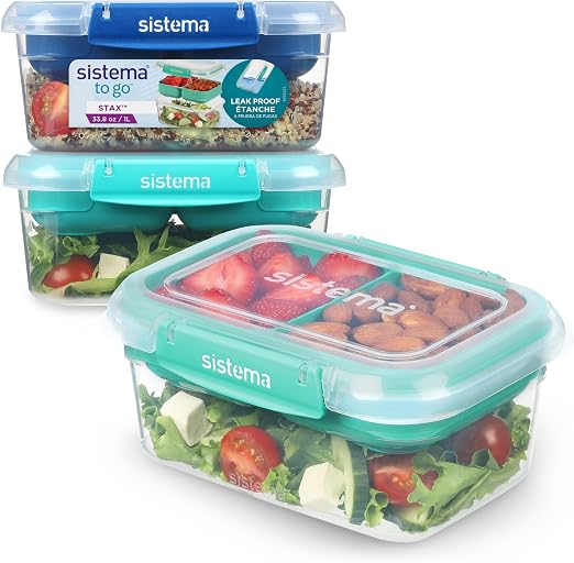 Sistema To Go Stax Recipientes para guardar alimentos de 1 litro | Juego de 3 recipientes herméticos con compartimentos | Sellado hermético | Clips de cierre fácil
