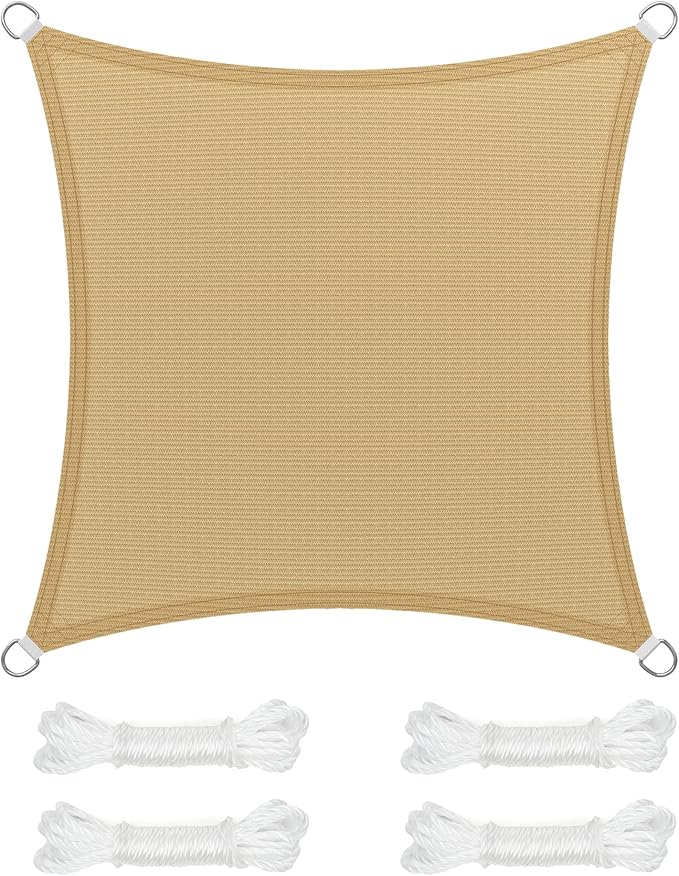 SONGMICS Vela de Sombra de 3 x 3 m, Tejido HDPE de Protección Solar, Transpirable, Permeable al Agua, Terraza, Jardín, Balcón, Camping, Cuadrada, Cóncava, Cuerdas de 2 m, Amarillo Arena GSS33EYV1