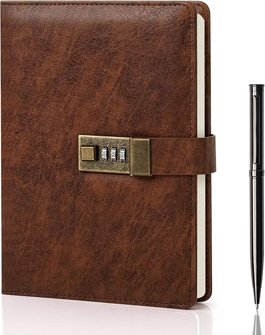 WEMATE Diario con Candado, A5, de Piel Sintética, 240 Páginas, con Candado, Estilo Vintage, con Protección por Contraseña, con Bolígrafo y Caja de Regalo 8,6 x 5,8 Pulgadas